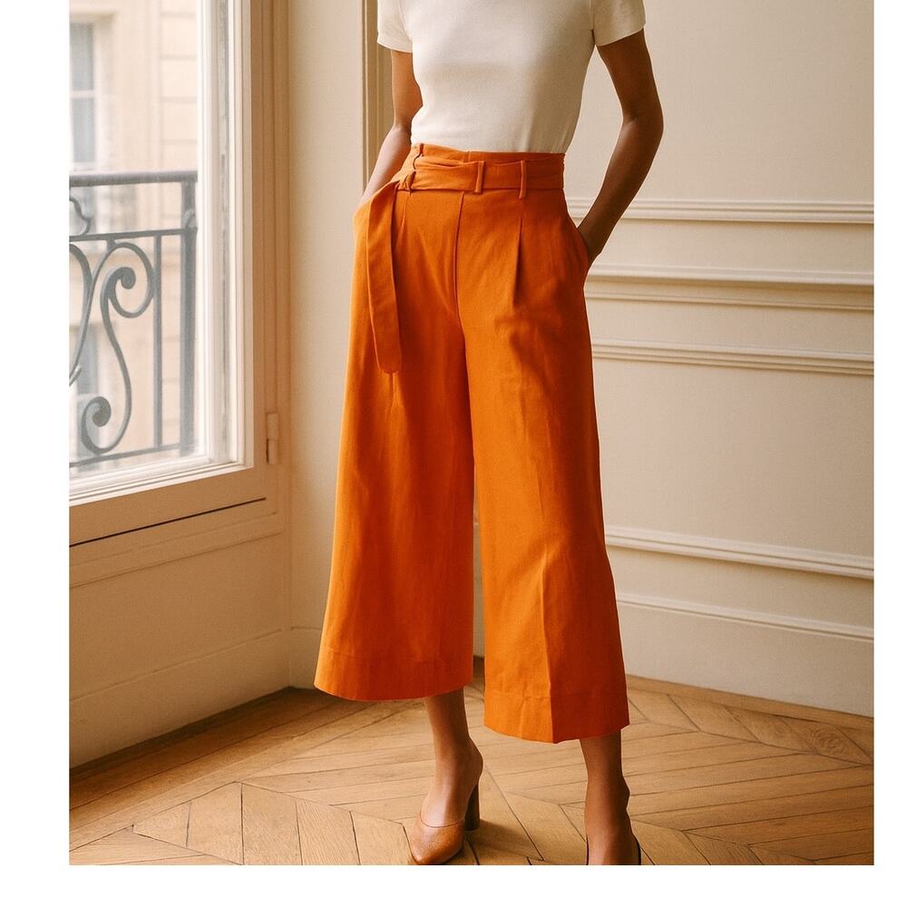 Akirs Punto Orange Viscose Linen Wide Leg Pants 10